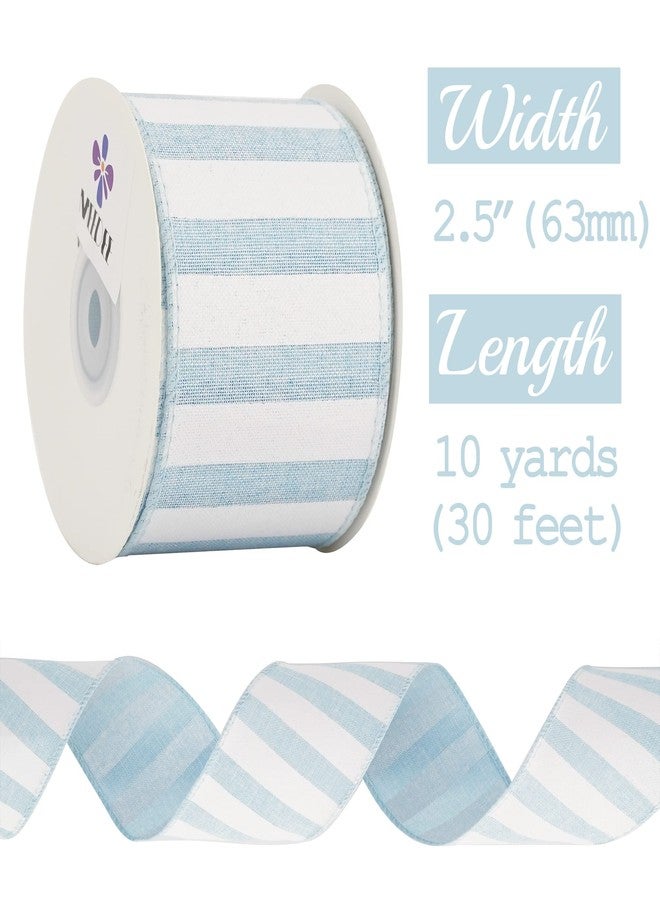 MEEDEE Blue White Stripe Ribbon 2.5 Inch Light Blue Wired Ribbon for Baby Boy Wreath, Baby Shower Elephant Wreath Diaper Cake Supplies, 10 Yards - Image 2